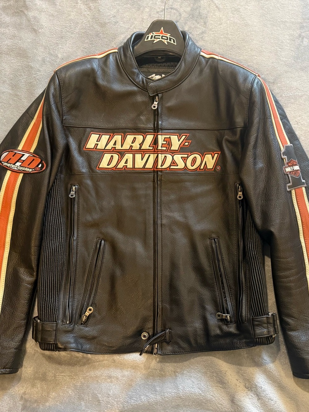 Harley-Davidson Black Leather Jacket with Orange and Cream Racing Stripes